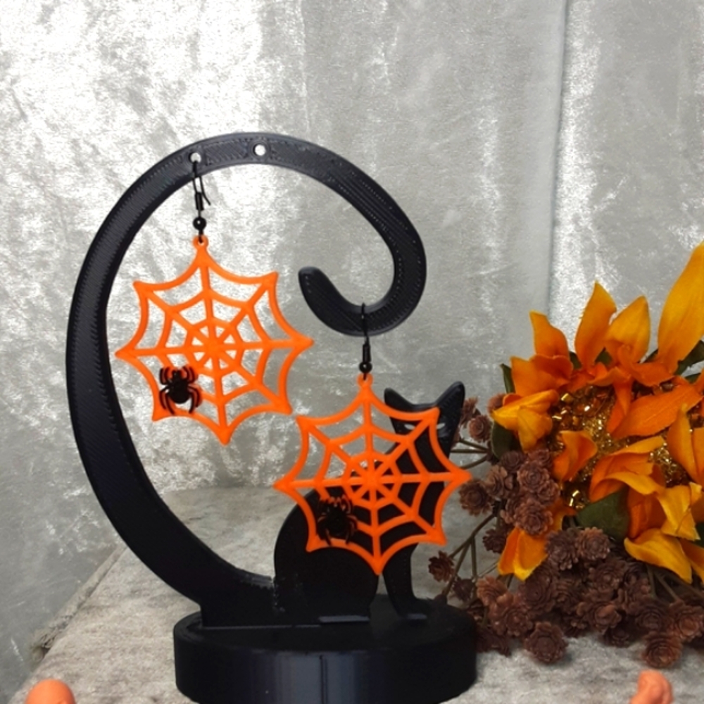 Handmade Earrings 3D Printed Spiderwebs With Crystal Beaded Spiders Orange Black - Picture 7 of 7